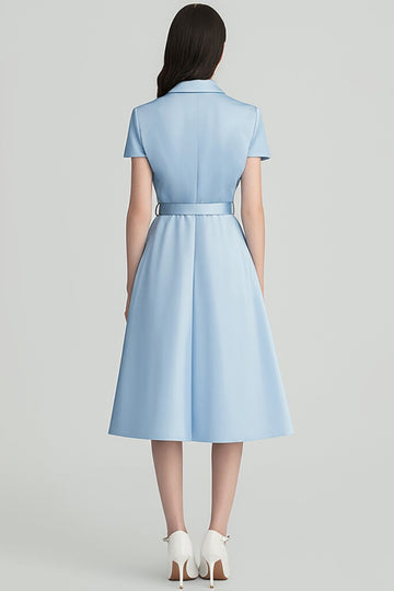 Sky Blue Notched Lapel A Line Midi Work Dress with Belt